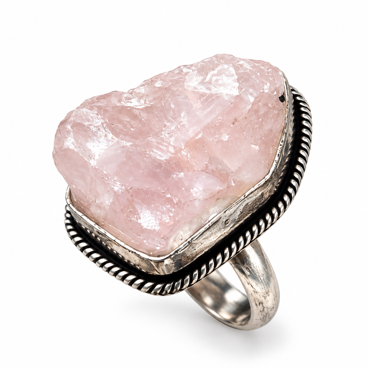 Raw Rose Quartz Statement Ring – Oxidized Silver-Tone Bohemian Gemstone Jewelry