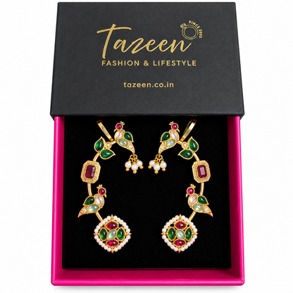 Gold-Plated Peacock-Shaped Ear Cuff Earrings with Artificial Stones and Bead Embellishments