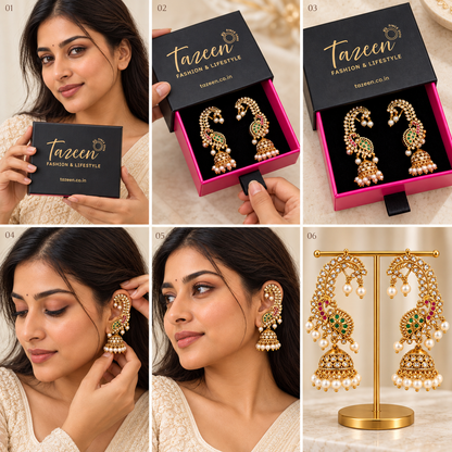 AD Stone Ear Cuff Jhumka Earrings with Multiple Green & Pink Stones