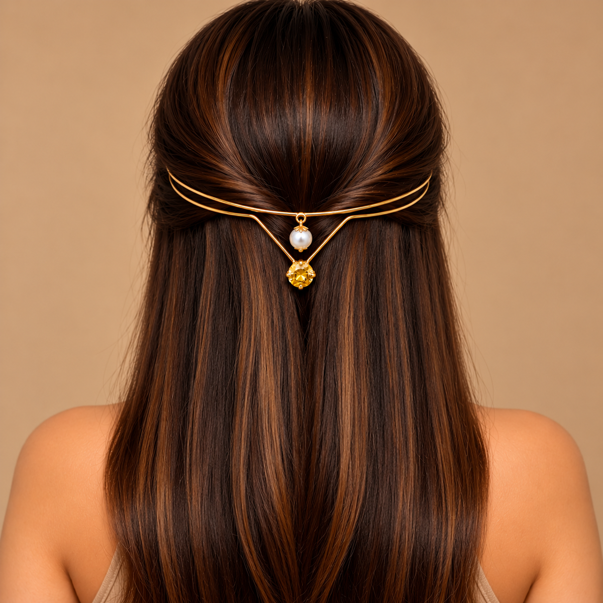 Gold-Plated Yellow Stone Pearl Hairlet for Women