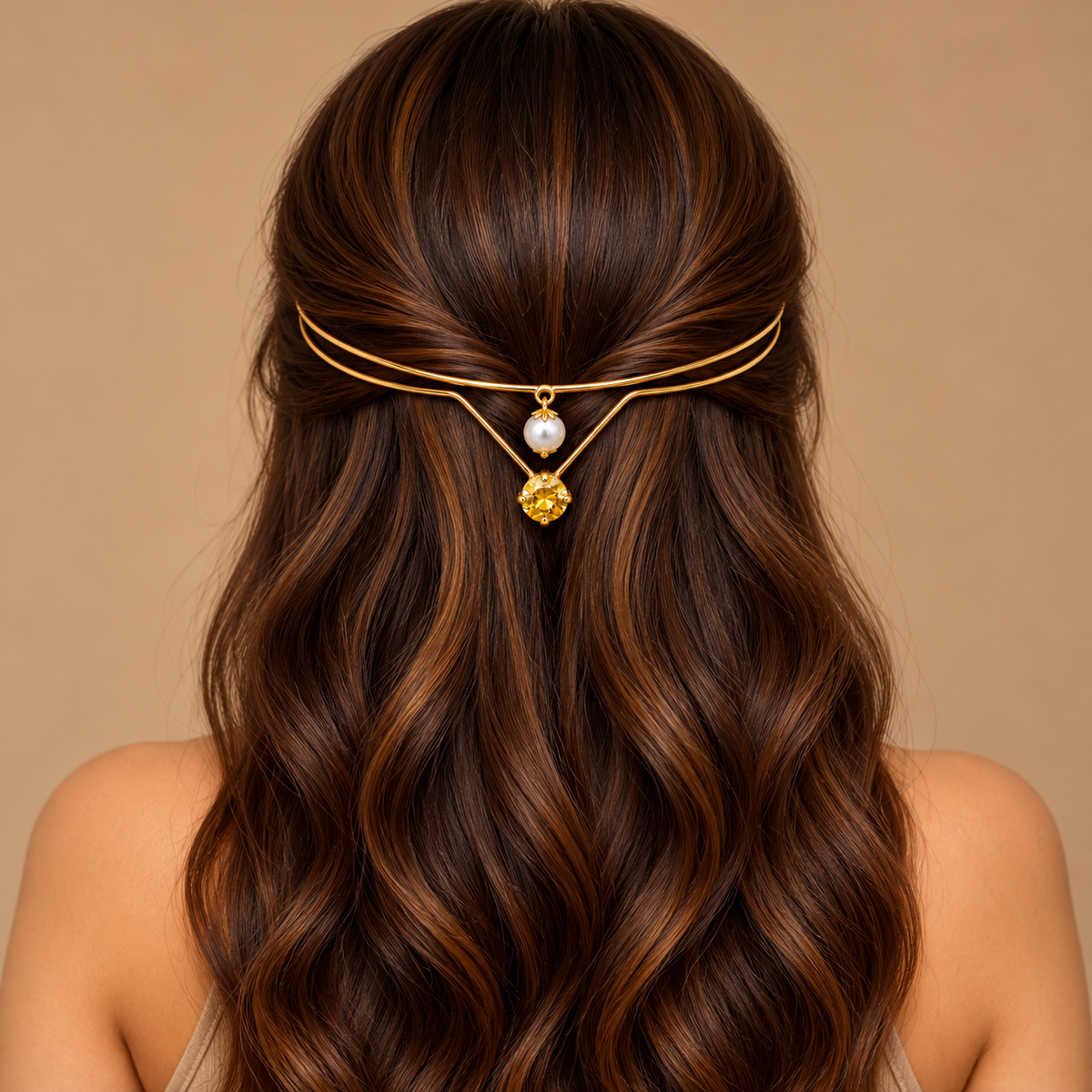Gold-Plated Yellow Stone Pearl Hairlet for Women