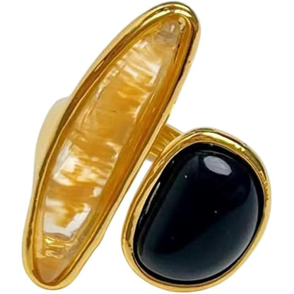 Brass 18K Gold-Plated Natural Stone Irregular Open Ring