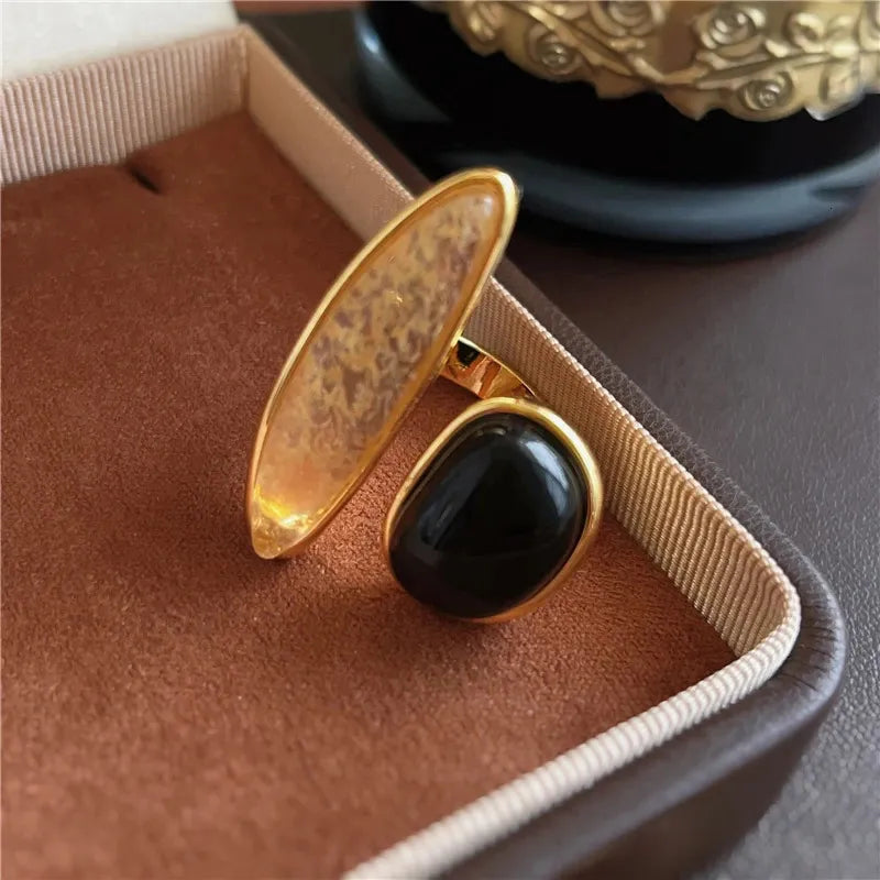 Brass 18K Gold-Plated Natural Stone Irregular Open Ring