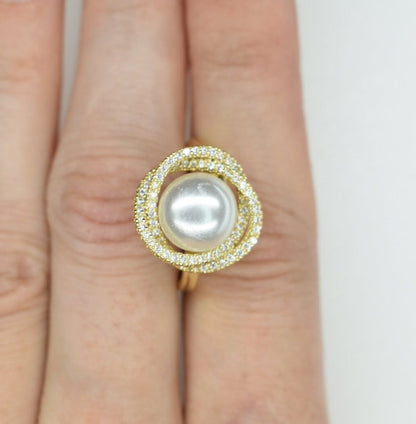 Gold Ring With Pearl And Crystal Halo
