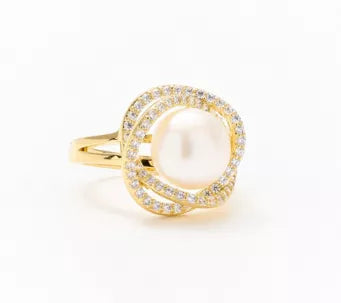 Gold Ring With Pearl And Crystal Halo