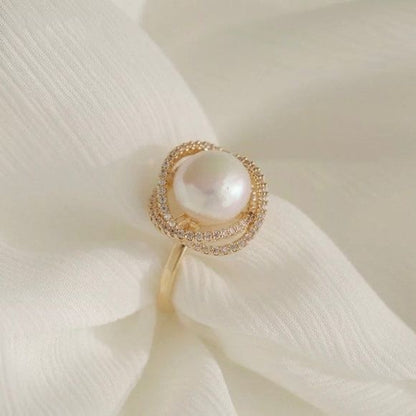 Gold Ring With Pearl And Crystal Halo