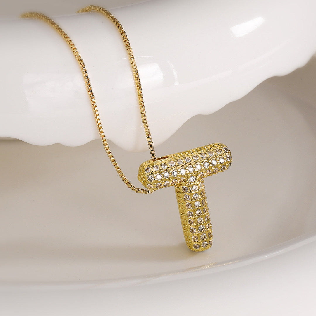 T Letter Diamond Necklace – Gold Plated Pavé Alphabet Pendant