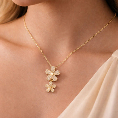 Floral Double Flower CZ Pendant Necklace | Layered Crystal Blossom Silver Chain