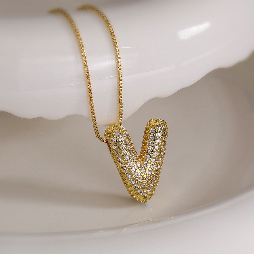 V Letter Diamond Necklace – Gold Plated Pavé Alphabet Pendant