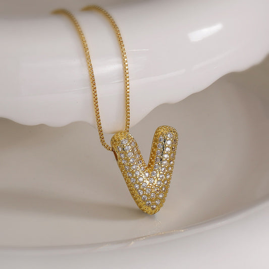 V Letter Diamond Necklace – Gold Plated Pavé Alphabet Pendant