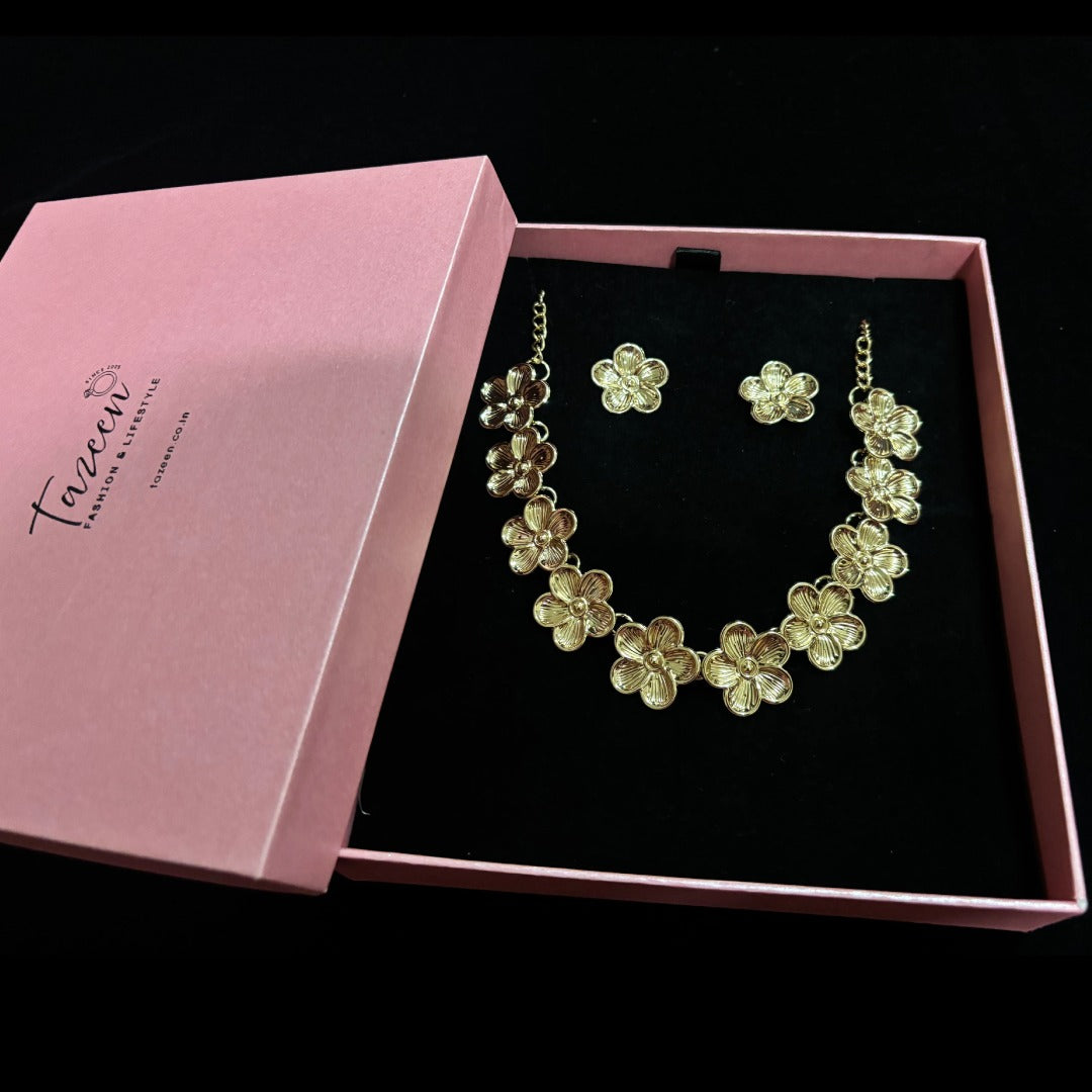 Gold Plated Floral Necklace Set with Earrings
