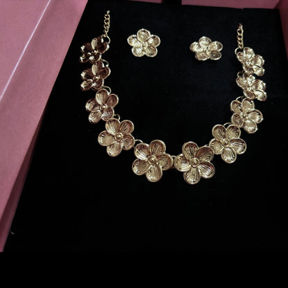 Gold Plated Floral Necklace Set with Earrings