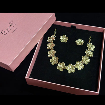Gold Plated Floral Necklace Set with Earrings